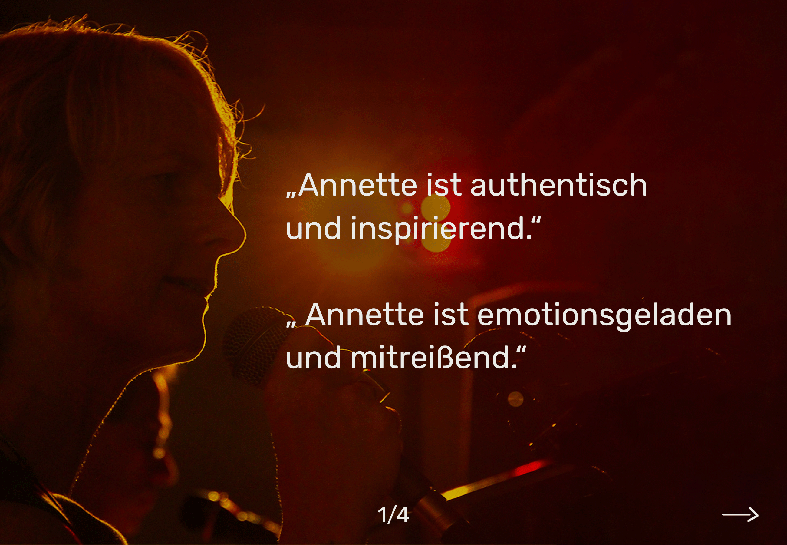 Annette Korn live Musik:
Annette's Publikum gibt seine Stimmen über Annettes Musik ab.